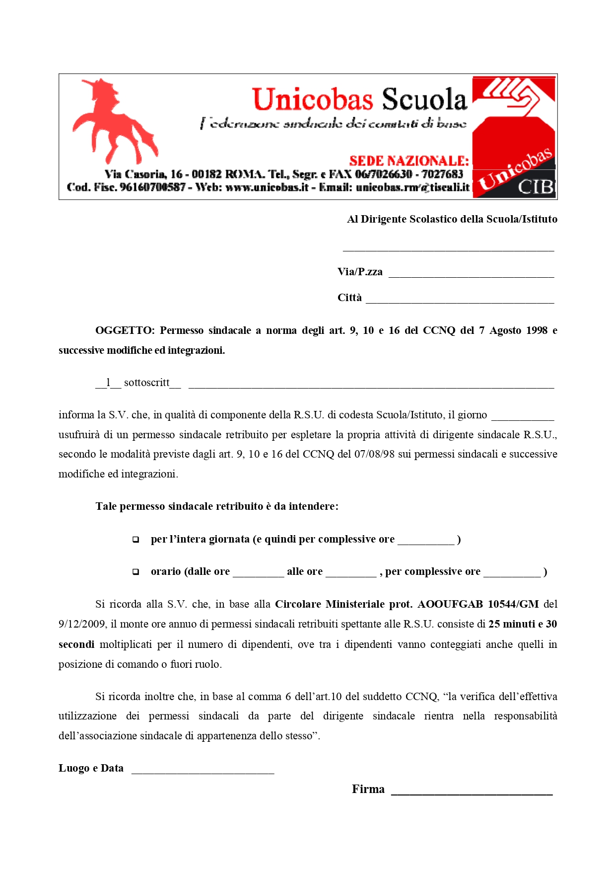 Permesso Per Testimonianza In Tribunale Nuovo modulo permesso RSU - Cib Unicobas